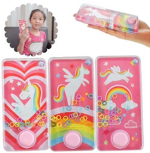 SRV Hub 2 x zufällige Einhorn-Wasserring-Wurfspiele, 14 cm, Retro-Aqua-Reisespielzeug für Kinder und Erwachsene, Stressabbau, Fidget-Konsole, Partytütenfüller & Weihnachtsstrumpffüller, Geschenk