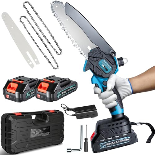 Mini Kettensäge mit Akku 4000mAh, 6 Zoll Akku kettensäge, Elektro kettensäge mit 2 Akku 2000mAh und Automatischer Öler, Handkettensäge Akku für Gartenscheren Astschere Holzschneidenz