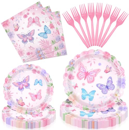 96 Pieces Butterfly Floral Tableware Set – Scalloped Edge Garden Flower Disposable Plates, Napkins, and Forks for Spring Birthday, Baby Shower, Tea Party, Mother’s Day Celebrations – Serves 24 Guests