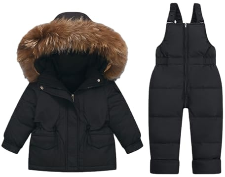 2-delad snödräkt, barn vinter pufferjacka och haklapp snöbyxor ultralätta skidoveraller med huva dunkappa och haklapp byxor outfit set, Svart, 80
