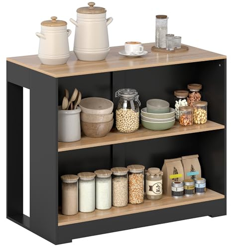 HOMCOM Tavolo Bar con 3 Ripiani, Bancone Bar Salvaspazio con Piedini Antiscivolo, Isola Cucina con Scaffale, Industriale, per Cucina Sala da Pranzo, 113x60x90 cm, Nero e Color Legno
