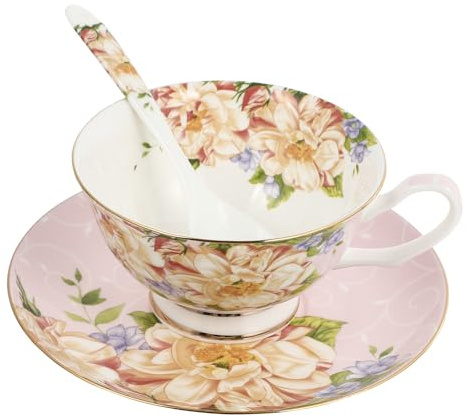SUPVOX Service à Café en Porcelaine Fine Européenne Lot de 3 Set de Pièces Comprendant Tasse à Café Rose Motif Floral Soucoupe Assortie et Cuillère pour Maison et Restaurant Vaisselle