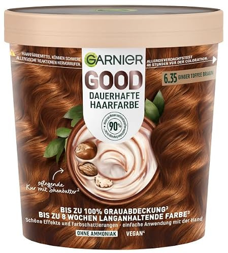 Garnier Good dauerhafte Haarfarbe, 6.35 Ginger Toffee Braun, 100% Grauabdeckung & 8 Wochen Halt, ohne Ammoniak, vegane & tierversuchsfrei – 75ml
