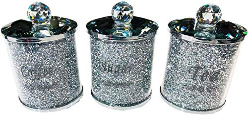 Value For Money - Fabulous Diamond Crushed & Crystal Filled Set of 3 Kitchen Storage CANISTERS Tea Coffee Sugar Jars - Unique Collection to Your Kitchen Decor (Silver)