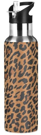 JUMBEAR Sexy Leopard Grain Wasserflasche Acuum Isolierte Edelstahl Auslaufsicher Weithals mit Strohhalm Deckel für Fitness Gym und Outdoor-Sport 625 ml