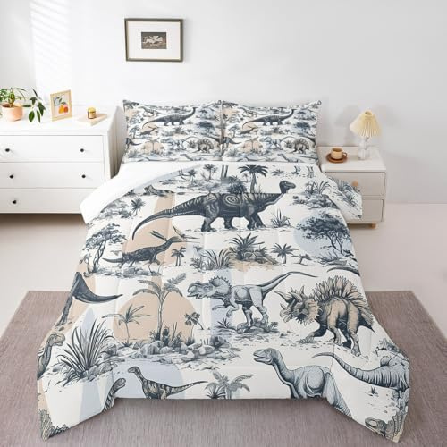 Erosebridal Kids Dinosaur Comforter Set, Dino Palm Tree Bedding Set Queen Size for Boys Teens Adult Bedroom, Ancient Animal Duvet Sets Mountain Tropical Botanical Quilted Duvet with 2 Pillow Cases
