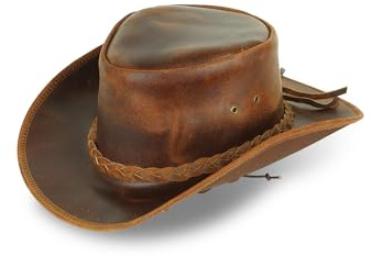 BenzHawk Genuine Leather Cowboy Hat for Men & Women – Shapeable Western Outback Hat with Adjustable Chin Strap, Sun Protection & Classic Brown Western Style (Brown - L)