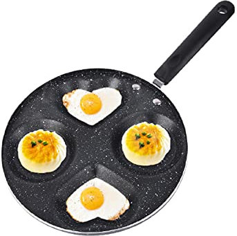 JIEQIJIAJU Egg Frying Pan 4 Cup, Nonstick Pancake Pan Heart Shape Egg Cooker Pan Blini Griddle Crepe Pan Silver Dollar Pancake Maker for Frying Eggs, Burgers, Bacon, 100% PFOA Free Coating