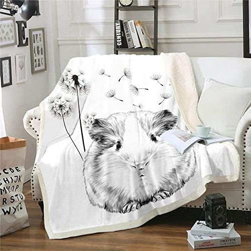 Couverture de Lit pour Cochon d'Inde - Motif Pissenlit et Plante Mignonne - Sherpa pour Enfants, Garçons, Filles, Adolescents - Polaire Gris et Blanc - 150x200 cm