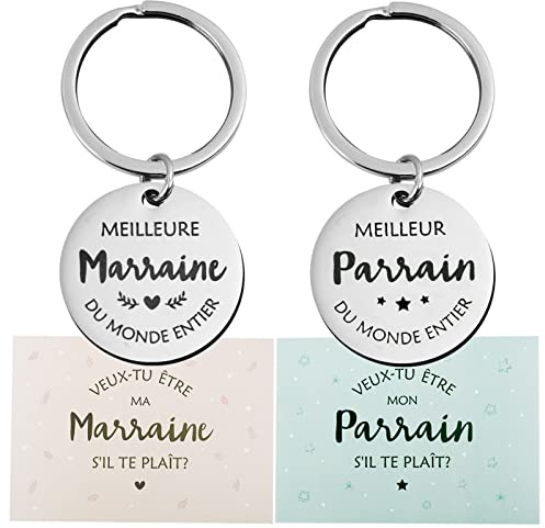 2Pcs Porte Clé Cadeau Parrain Marraine Porte Clef Idée Cadeau Annonce Naissance Demande Invitation Parrain Marraine pour Baptême Noël Fête avec Carte Voeux Enveloppe