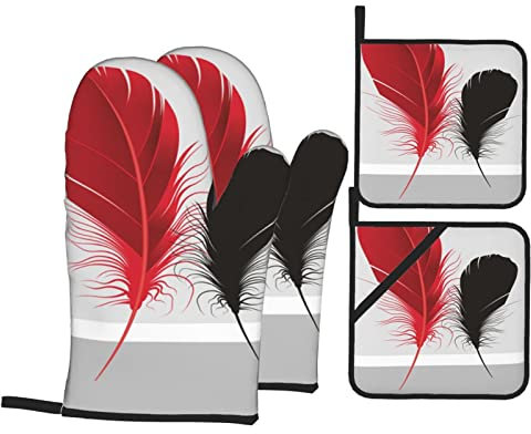 Lot de 4 gants de cuisine et maniques en plumes rouges et noires - Isolation thermique - Imperméables - Pour cuisine, barbecue