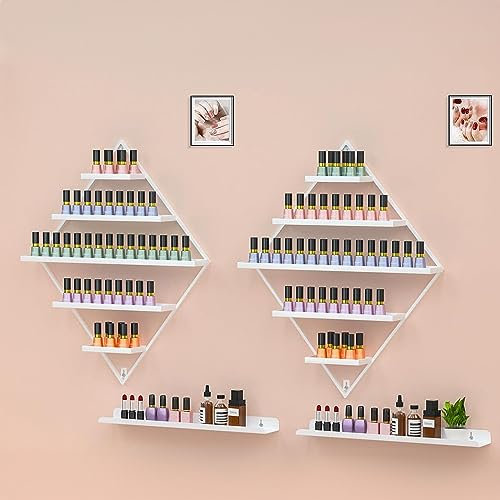 Meisax 2 Sets Nagellack Regal, Diamantförmiger Metall Organizer, Nagellack Aufbewahrung mit 5 Ebenen, Wandmontierter Nagellackständer für Nagellack ätherischen Ölen Lippenstift (Weiß)