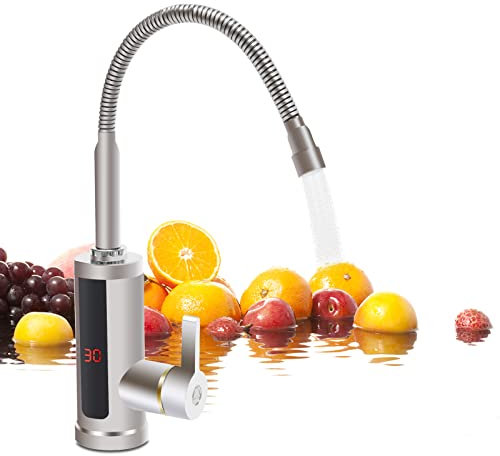 3000W Elektrische Wasserhahn, 360° Drehbarer Durchlauferhitzer Edelstahl Warmwasserhahn mit LED Temperaturanzeige für Küche, Bad, Wohnwagen, Camping (Silber)