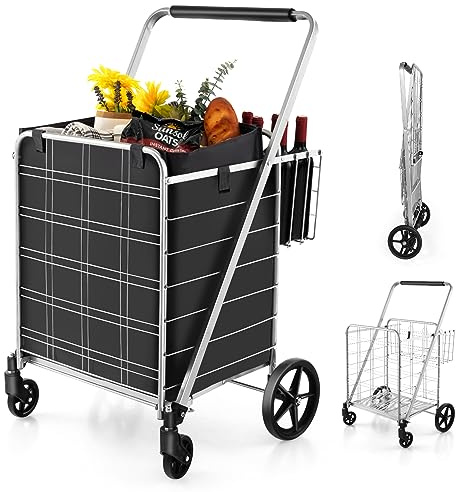 COSTWAY Chariot de Courses Pliable à 4 Roues, Caddie de Courses à Double Panier, Cadre Métallique et Doublure en Oxford, Capacité 126L et Charge 150KG, pour Marché, Epicerie, Lessive (Argent)
