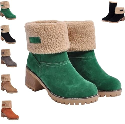 MoriAction Dotmalls Bottes d'hiver à talons épais pour femme, bottes de neige à enfiler en daim à talon épais, bout rond, confortables à enfiler, talon mi-épais (Vert,40)
