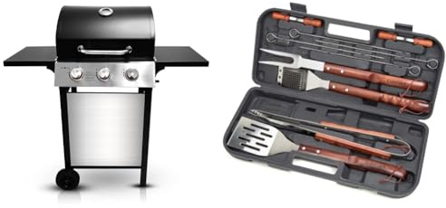 GasOne GP-1030S One 3 Burner Stainless Steel– Outdoor Cabinet Style with Wheels-High-Temperature & Cuisinart CGS-W13 Wooden Handle Tool Set, Black, Deluxe Pizza Grilling Pack (13-Piece)