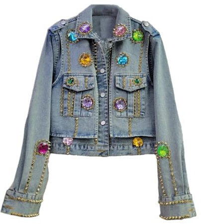Vsadsau Niet Jeansjacke mit großer Tasche, lässiger Revers, Oberbekleidung, lockere kurze Jeansjacke, 02, 38