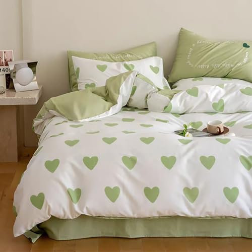 Michorinee Bettwäsche Herzen Grün 135x200 2teilig Microfaser Weiß Grün Herzchen Aesthetic Bettbezug Wendebettwäsche Set und Kissenbezug 80x80 cm mit Reißverschluss