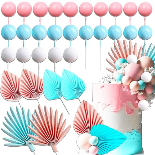 JeVenis Pink Blue Gender reveal Party Cake Topper Palm Leaves Balls Cake Decoration for Birthday Baby Shower Birthday Wedding Cake Decoration
