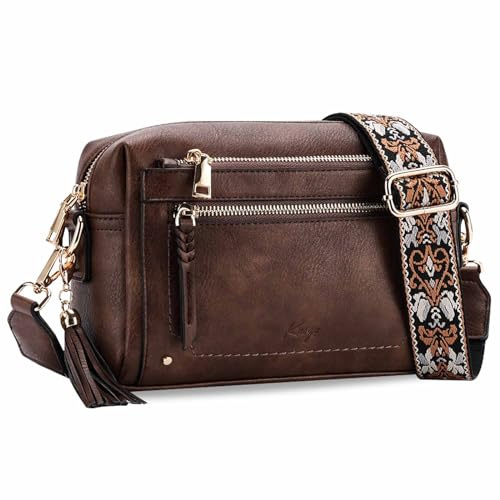 Kasgo Umhängetasche Damen, Mode Crossbody Bag Vegan Leder Handtasche Kleine Satchel für Frauen mit Verstellbarem Riemen Kaffee