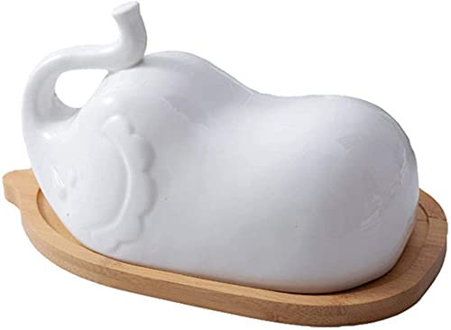 Mantequera con tapas de porcelana, bandeja de mantequilla de madera en forma de elefante, mantequillera doméstica con tapas para mantequilla, 7.8 x 5.3 x 3.94 pulgadas