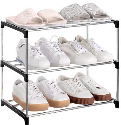 DEARBAG Scarpiera a 3 Livelli, Impilabile Scaffale Portascarpe in Metallo, Piccola Scarpiera, Portascarpe per Corridoio, Organizer Scarpe Ripiano per Soggiorno, Corridoio, Camera da Letto