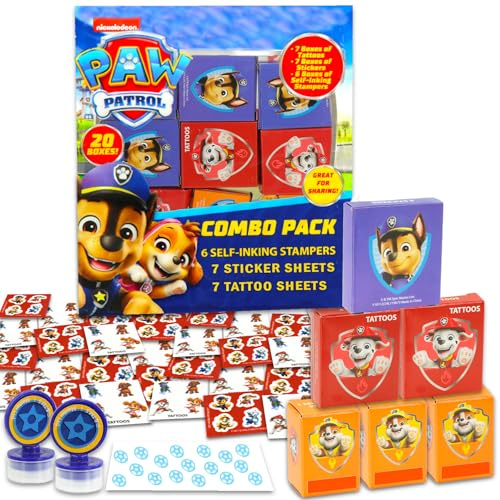 Paw Patrol Gastgeschenke für 20 Gäste, 20 Stück Paw Patrol Geschenkboxen mit Aufklebern, Tattoos und Stempeln für Kindergeburtstag, Paw Patrol Partyzubehör und Dekorationen, Kombi-Pack