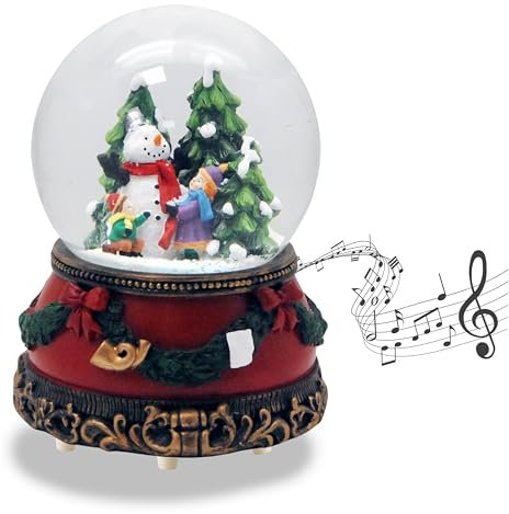 Schneekugel Weihnachten Spieluhr | Kinder Bauen Schneemann | Sockel Weihnachten rot Tannengirlande | mit Spieluhr | Schüttelkugel Weihnachtsdekoration | B: 10 cm H: 14 cm | 20270