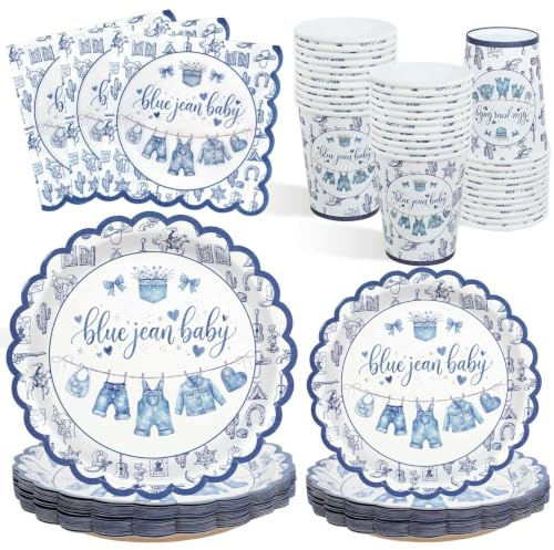Heboland Babyparty Deko Junge Pappteller Set für 25 Gäste, 100 Stück | Babyshower Deko Junge mit Teller Pappbecher Servieten für Babyparty Babyshower Party Decoration