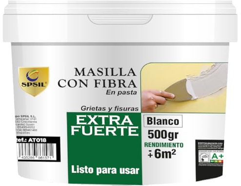 SPSIL Masilla Reparadora con Fibra de Vidrio - Para Grietas, Juntas y Abolladuras - Uso Interior/Exterior - Compatible con Yeso, Madera y Metal - Secado en 2h (Blanco) (500 gr)