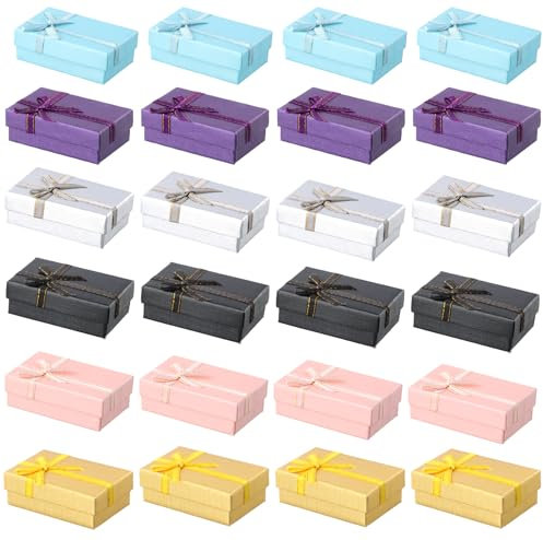 Amexo 24PCS Petit Boite Cadeau, Boite Bijoux Cadeau rectangle, Ecrin Bijoux avec Nœud, Coffrets Cadeaux Bague Vide, Couvercle Boîtes Cadeaux pour Pendentif, Boucle d'oreille, Collier Bague 8cm*5cm*3cm