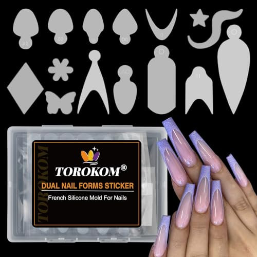 TOROKOM Adesivi a forma di chiodo, 144 pezzi, in silicone, FrenchStyle in pizzo, per manicure a doppia forma, riutilizzabili, in silicone per forma di unghie in poly gel