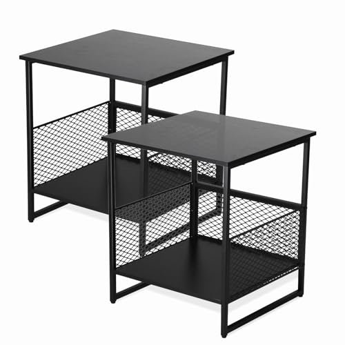 Exeterina End Table, Square Side Table, Couch Side Table with 2 Tier Storage, Great for Printer Stand, Mini Fridge Stand, Nightstand, Ideal for Living Room, Bedroom, Office（2 Pack）