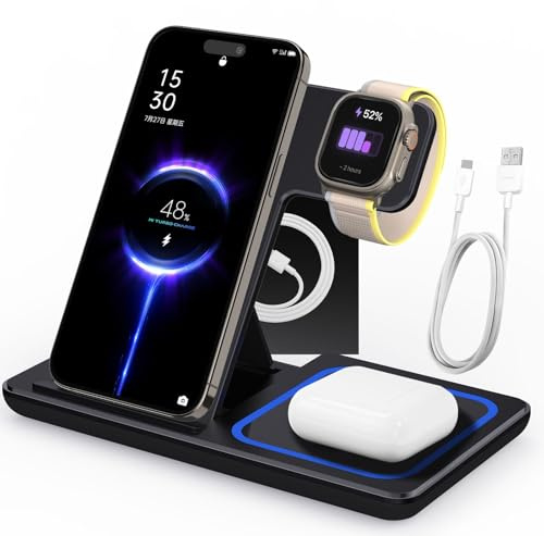 Caricatore Wireless 3 in 1 per iPhone 16/15/14/13/12 Pro Max | Stazione Ricarica Rapida con Supporto compatibile con Apple Watch compatibile con AirPods Pro | Compatibile con Samsung Android Series