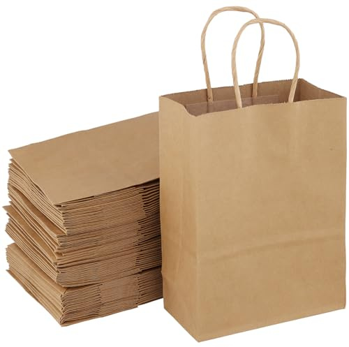 JIEHIN 100 Stück Braun Papiertüten Klein mit Henkel, 15 x 8 x 21cm Papier Geschenktüten mit Henkel, Kraftpapiertüten Geschenktaschen zum Verpacken, Einkaufen, Partys, Hochzeit