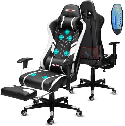 Douxlife Gaming Stuhl Ergonomischer Bürostuhl mit 7 Punkt Massage | Verstellbarer PC Gamer Stuhl mit 7-Punkt Massage, 90-175° Rückenlehne, 2D Armlehne, bis 180kg, Schwarz Wei?