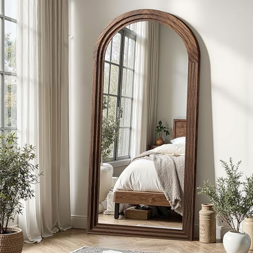 Delma Arched Full Length Floor Mirror with Stand, 55x24 Rustic Farmhouse Solid Wood Frame Wall Mirror for Bedroom, Living Room, Vertical Hanging & Standing(Brown)