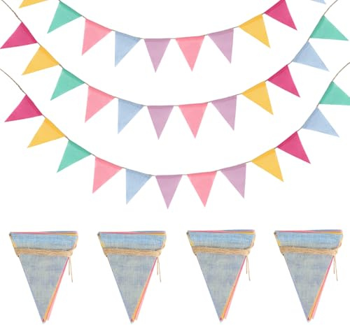 4 Stück Wimpelkette Outdoor Wetterfest, 4 M Wimpelkette Jute Girlande Outdoor Bunt, Garten Wimpelgirlande Pastell für Kinderzimmer Geburtstag Hochzeit Einschulung Dekoration(48 Wimpel, 4m x 4 STK)