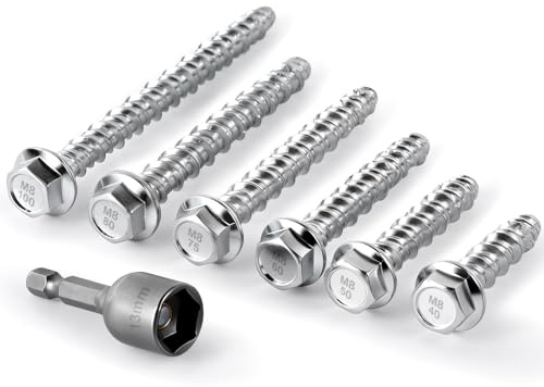 KOVSGQ Betonschrauben Ohne dübel M8x80 20Stk Betonschraube Sechskantkopf Verzinkt mit Scheibe Mauerschrauben mit Sechskant Steckschlussel für Mauerwerk Beton Ziegelmauern