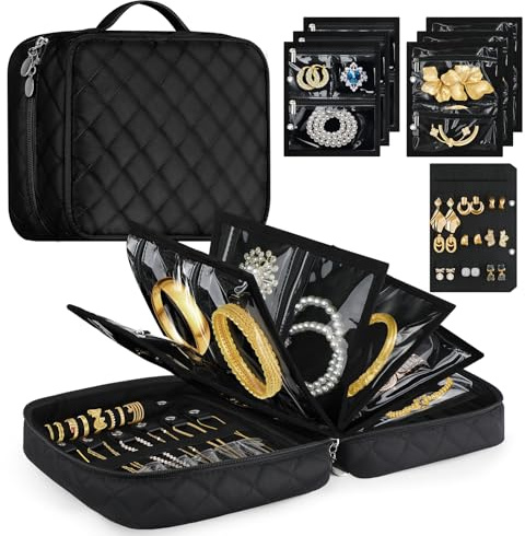 Travel Jewelry Organizer Case,Jewelry Bags for Traveling,Jewellery Home Storage Book Ring Binder with Zipper Velvet Pockets for Earrings Necklaces Bracelets Rings Watch-Black