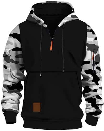 MEDUOLA Sudadera Hombre 1/4 Cremallera Camuflaje Manga Larga Combinación Colores Múltiples Bolsillos Grueso y Cálido Ropa de Calle M,Gris