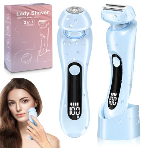 Elektrischer Damenrasierer 2 in 1 - Bikini-Trimmer & Intimrasierer mit Doppelkopf, wasserdicht IPX7 für Nass-/Trockenrasur, USB-wiederaufladbar für Beine, Körper, Gesicht und Intimbereich (Blau)