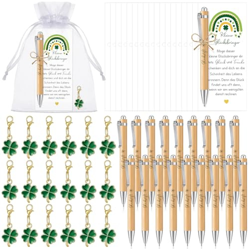 Otuuz 18 Sets Glücksstift Geschenke Glücksbringer Set, Holzfarbe | Kugelschreiber, Kleeblatt Schlüsselanhänger, Lesezeichenkarten, Geschenkbeutel, Glücksbringer Prüfung, für Abschluss