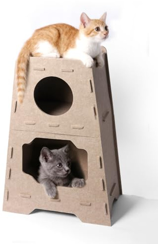 Pawtasy Katzenhaus Katzenhöhle 3-Stöckig - Aus robustem Filz für Krallenpflege, Trapez-Design gegen Umkippen, Multifunktionales Katzenmöbel zum Schlafen & Klettern, 50 x 31 x 73 cm, Beige