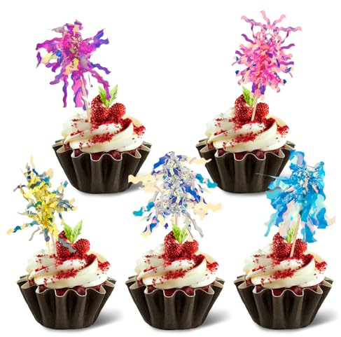 Huakaile 150 Pieces Multi-Color Firework Cake Topper Toothpick, Sparkle Foil Firework Cupcake Toppers Inserts, Tinsel Drink Stirrers Picks Decorations for Cocktail Fruit Birthday Party Wedding
