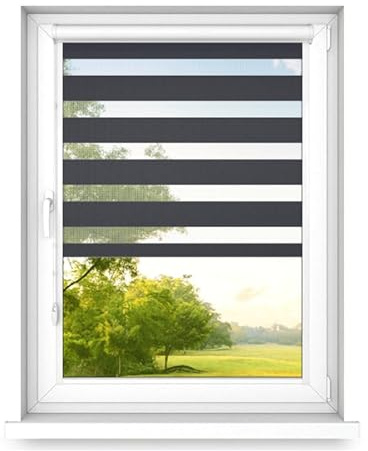 time4blinds – Dubbelrullgardin Utan Borrning – Zebra-Rullgardiner för Fönster och Dörrar – för Limning, med Aluminiumkassett, Ljusgenomsläppligt Tyg – Antracit, 1300x600, Höger