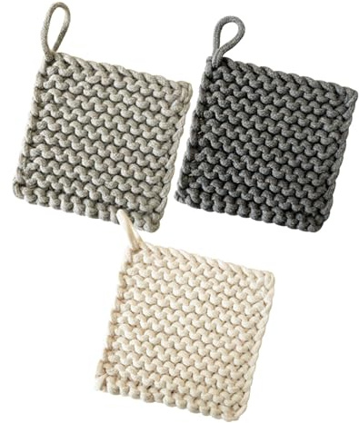 Presine all'Uncinetto in Cotone 3 Pezzi, 19x19 CM, Resistenti al Calore | Anello di Sospensione, Forma Quadrata Boho, Lavabili in Lavatrice e Mano, per Catering e Feste