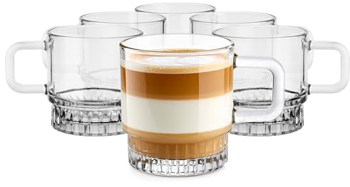 Glasmark KROSNO 1992 Juego de 6 Vasos de Café 240 ml Trasparentes con Asa - Tazas de Cristal para Té Bebidas Calientes y Postres - Diseño Elegante - Resistentes al Lavavajillas - Stella