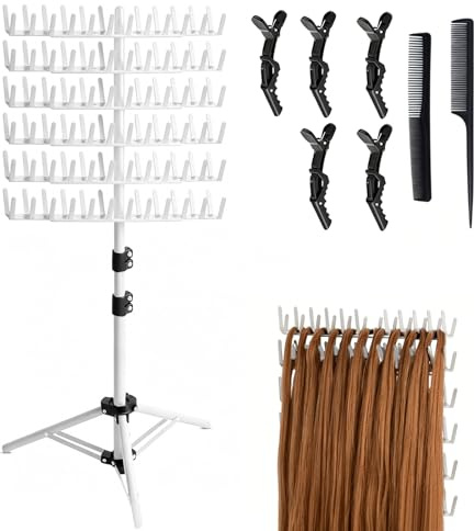 EUBSWA Braiding Hair Rack Support pour extensions de cheveux réglable en hauteur et pliable, 144 stylos, avec pinces à cheveux + peignes, support de perruque, pour coiffeurs et tresses, blanc