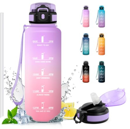 JAPORIA Borraccia 1.5L, Borraccia con Cannuccia e Marcatori Temporali, senza BPA, Bottiglia Acqua A Prova di Perdite per Scuola, Ufficio, Yoga